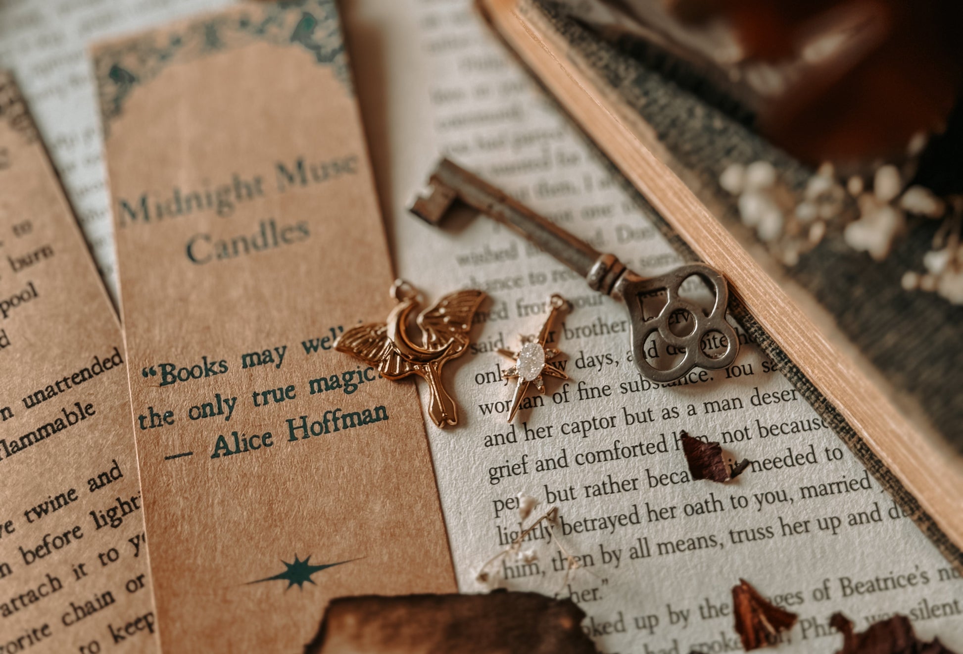 Decorative key with a tag on an open book with dried leaves