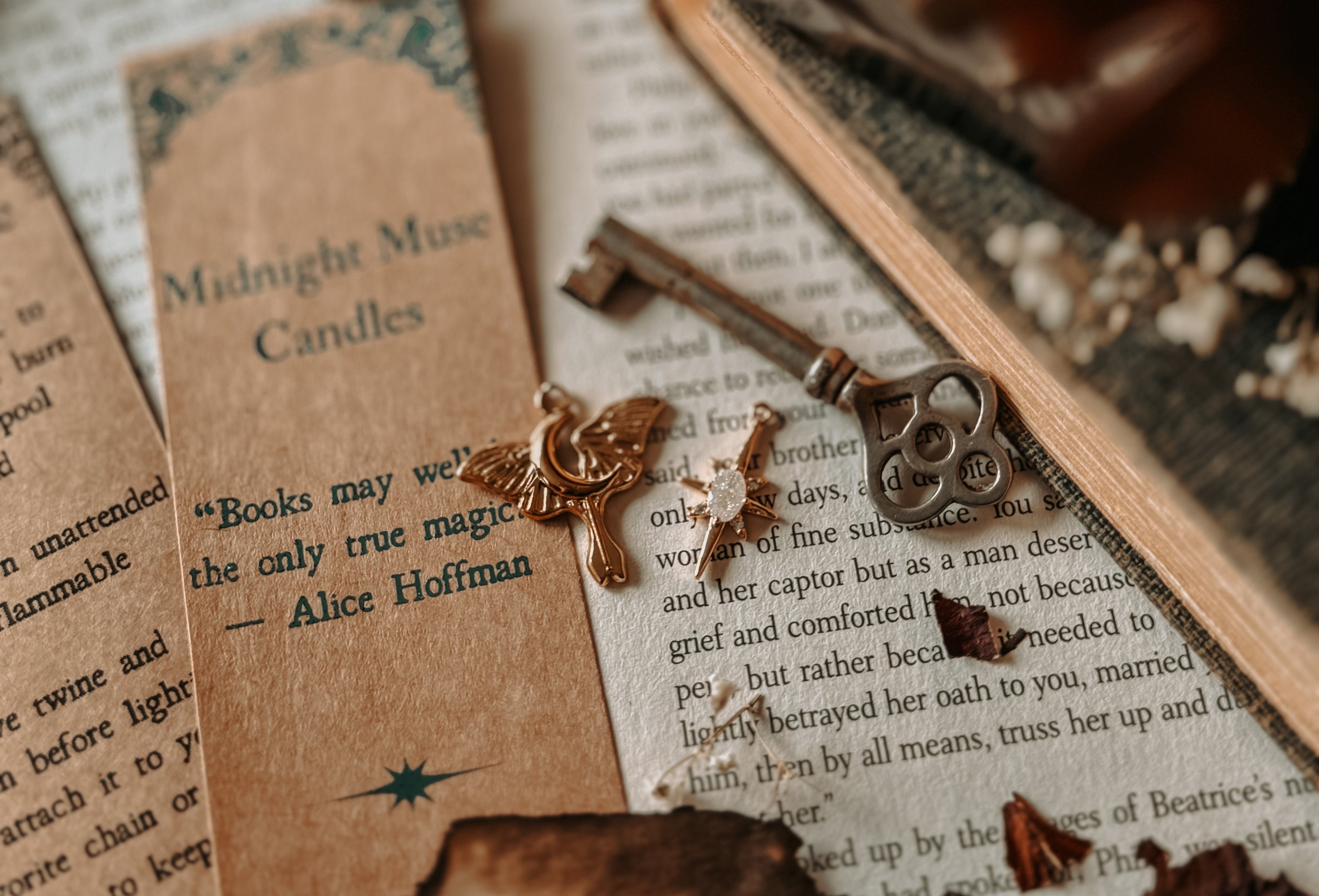 Decorative key with a tag on an open book with dried leaves